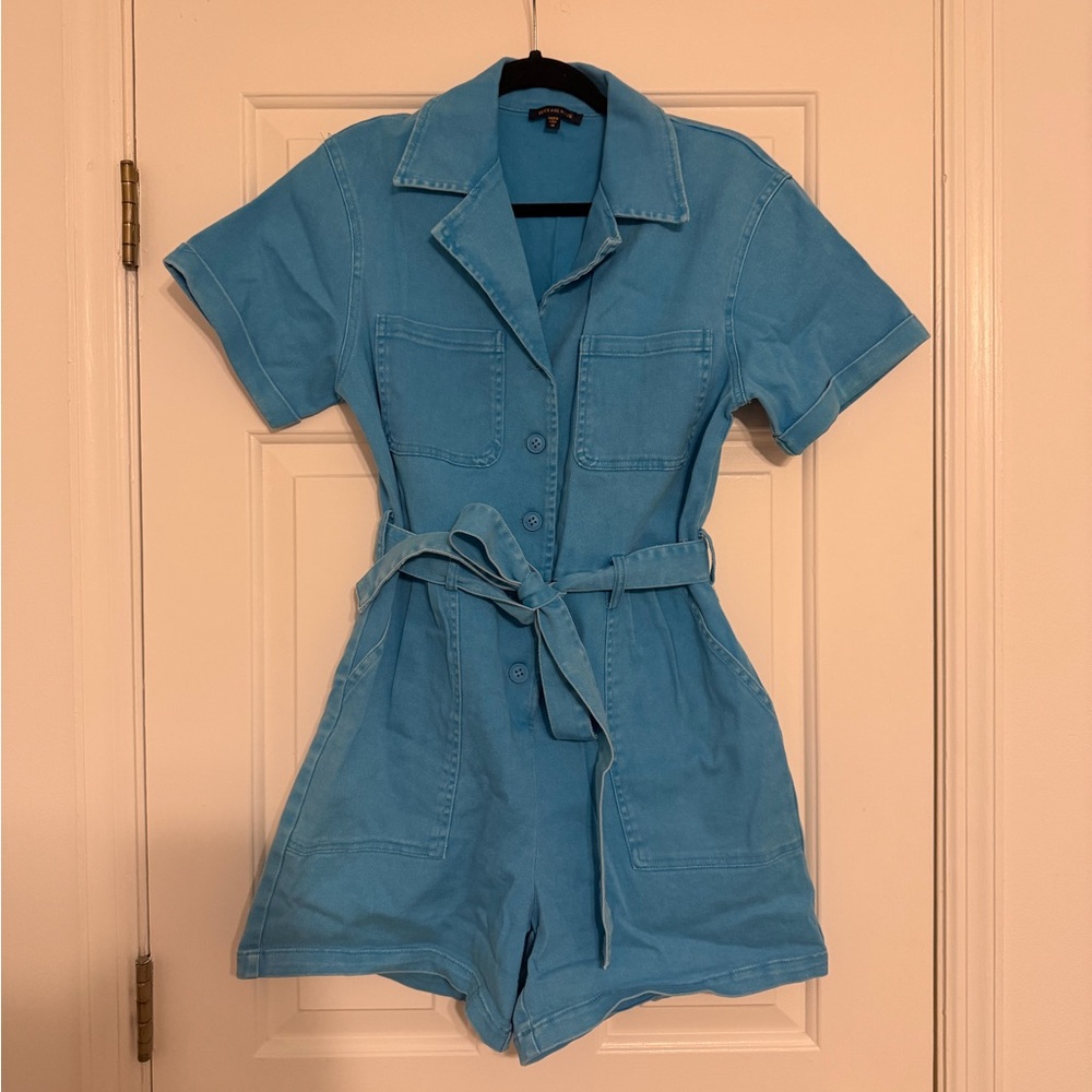 Skies Are Blue Denim Short Sleeve Button Front Belted Romper